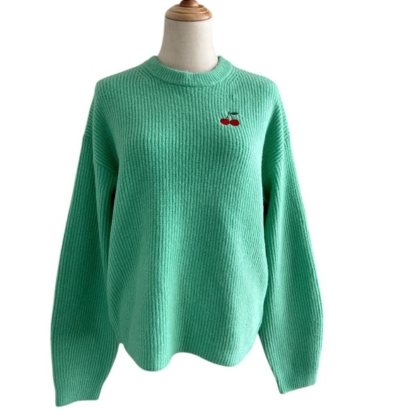 Target Crewneck Sweater A New Day Green Red Cherries Embroidered Size Medium - Picture 2 of 9